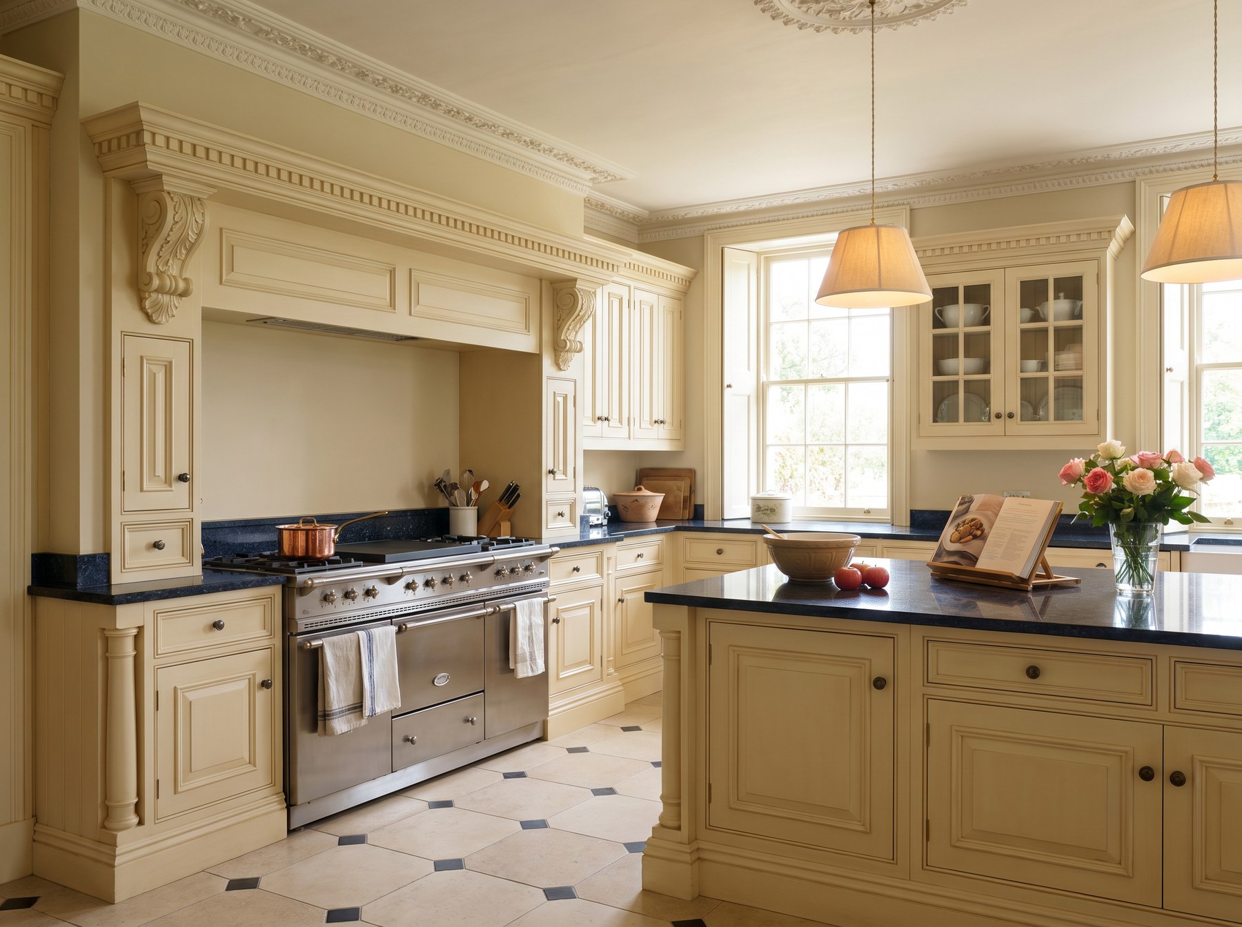 Reeve & Co Essex kitchen in cream moulded in-frame cabinetry with hand-carved overmantle above a Lacanche range cooker and chequerboard floor