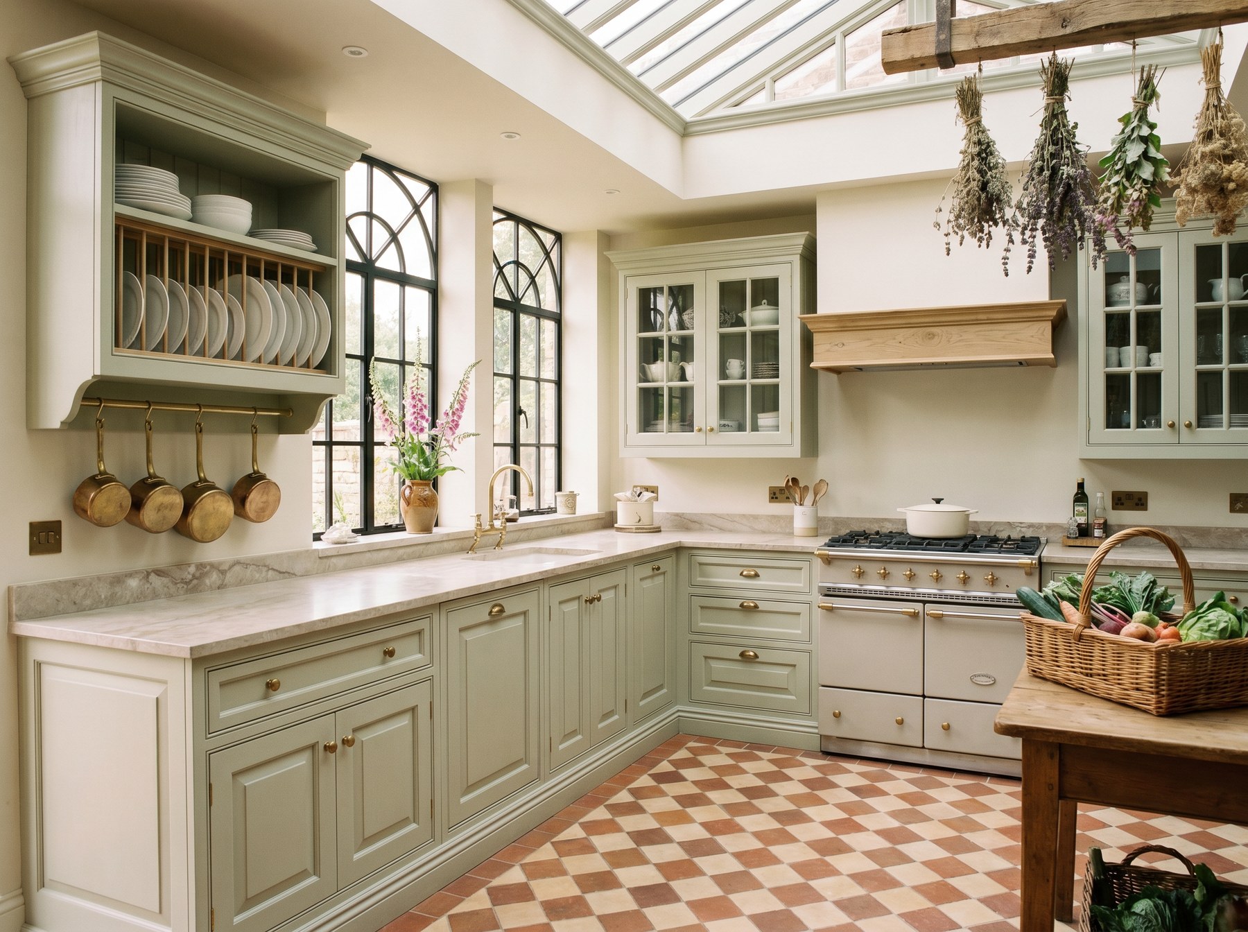 Reeve & Co Essex kitchen in soft sage green moulded in-frame cabinetry with built-in plate rack, brass pan hangers and arched orangery windows