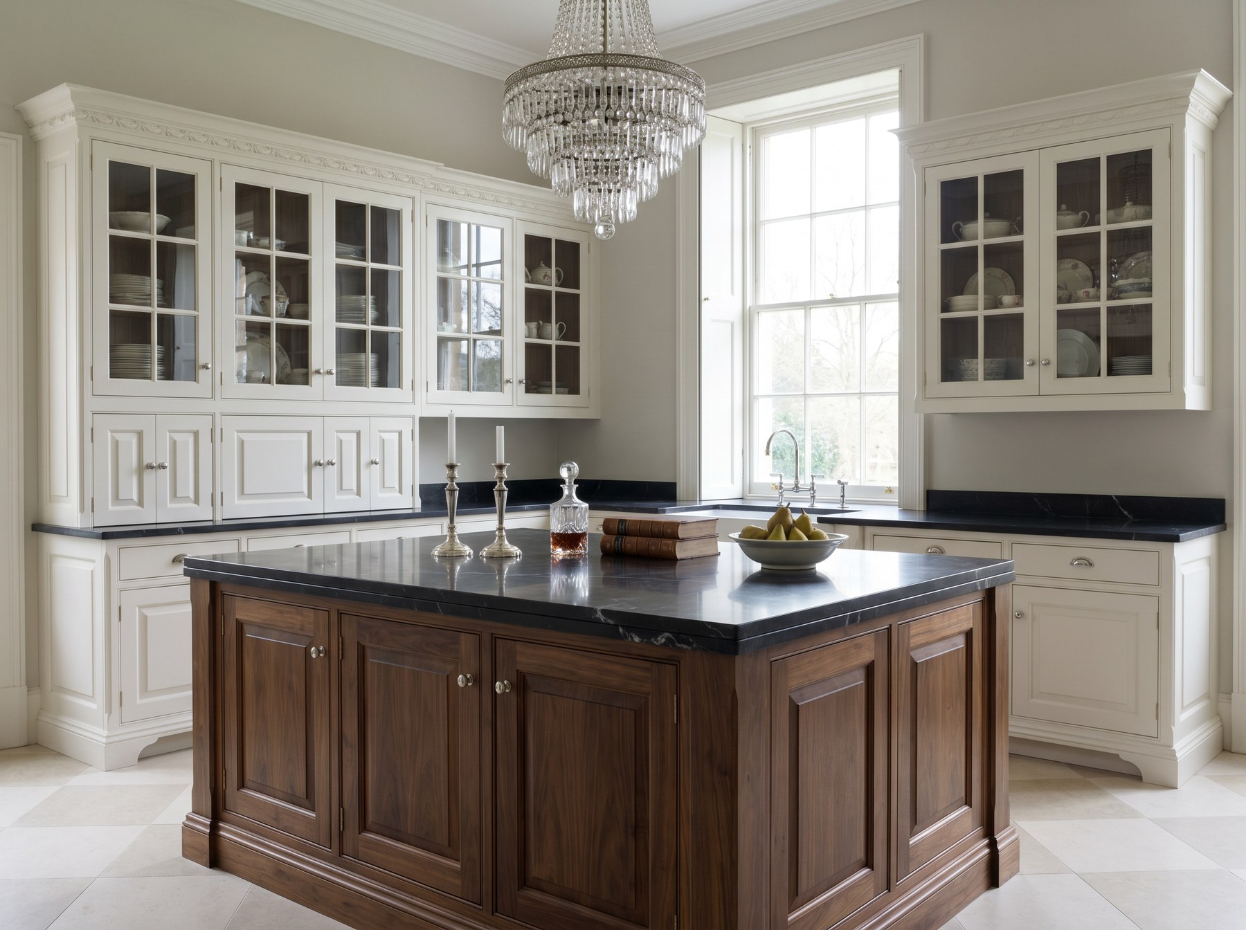 Reeve & Co Essex kitchen with off-white moulded in-frame perimeter cabinets and solid walnut island unit topped with nero marquina marble