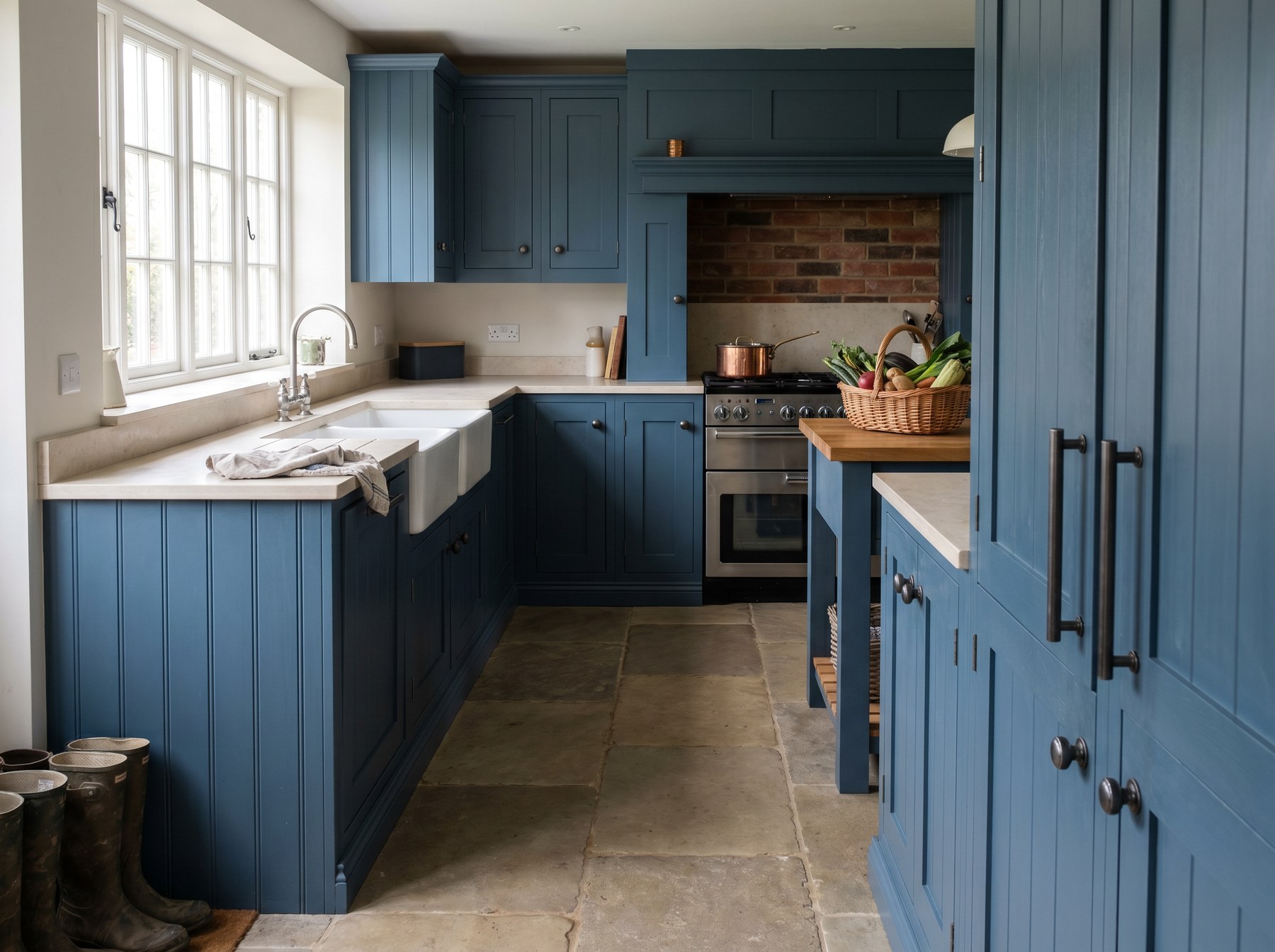 Reeve & Co Farmhouse kitchen in deep Hague Blue Shaker with V-groove panels, large Belfast sinks and limestone flagstone floor