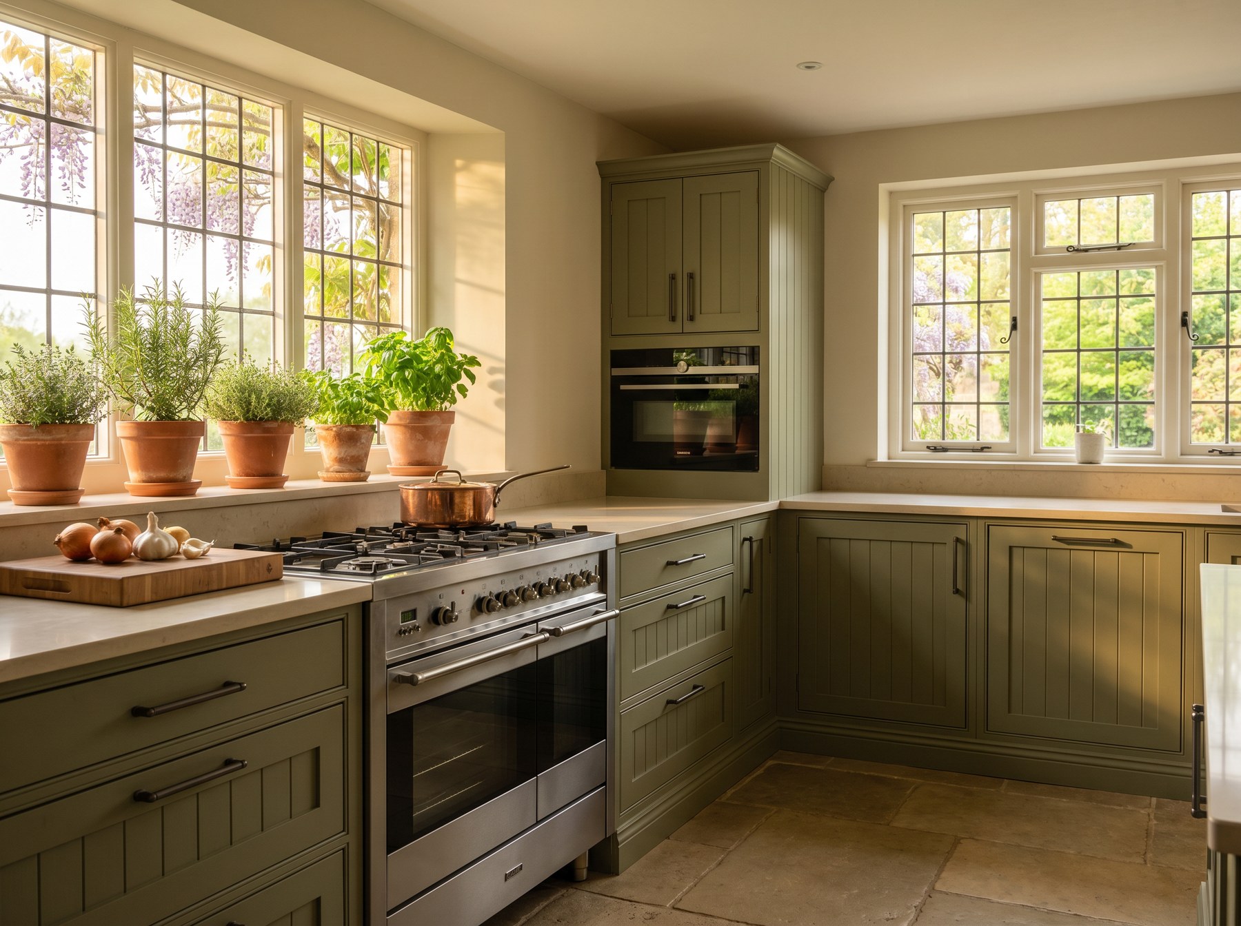 Reeve & Co Farmhouse kitchen in olive sage Shaker with V-groove panels, stainless range cooker and leaded farmhouse window with wisteria outside