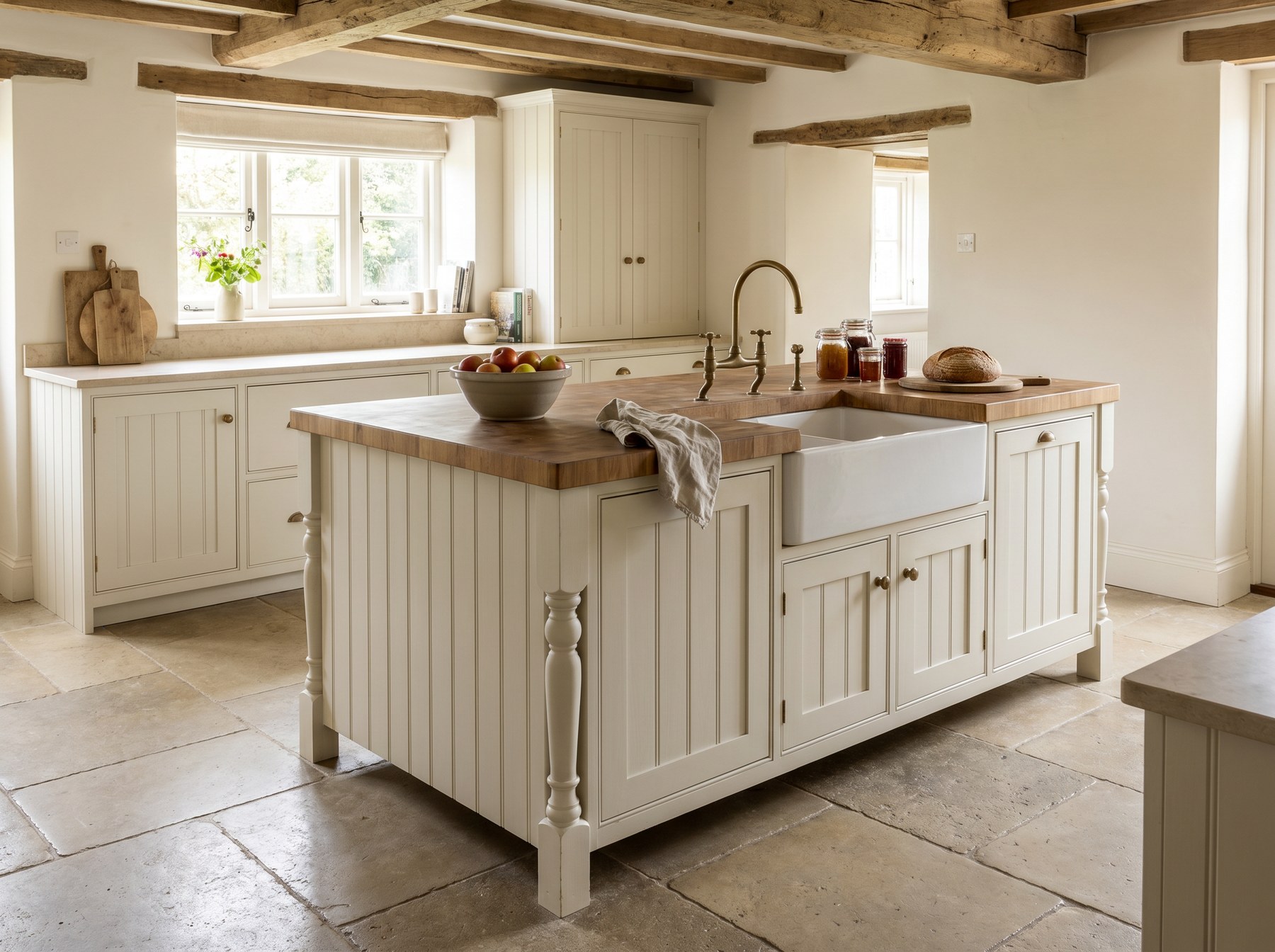 Reeve & Co Farmhouse kitchen with off-white freestanding-style island unit on turned legs, oak butcher-block top and oversized Belfast sink