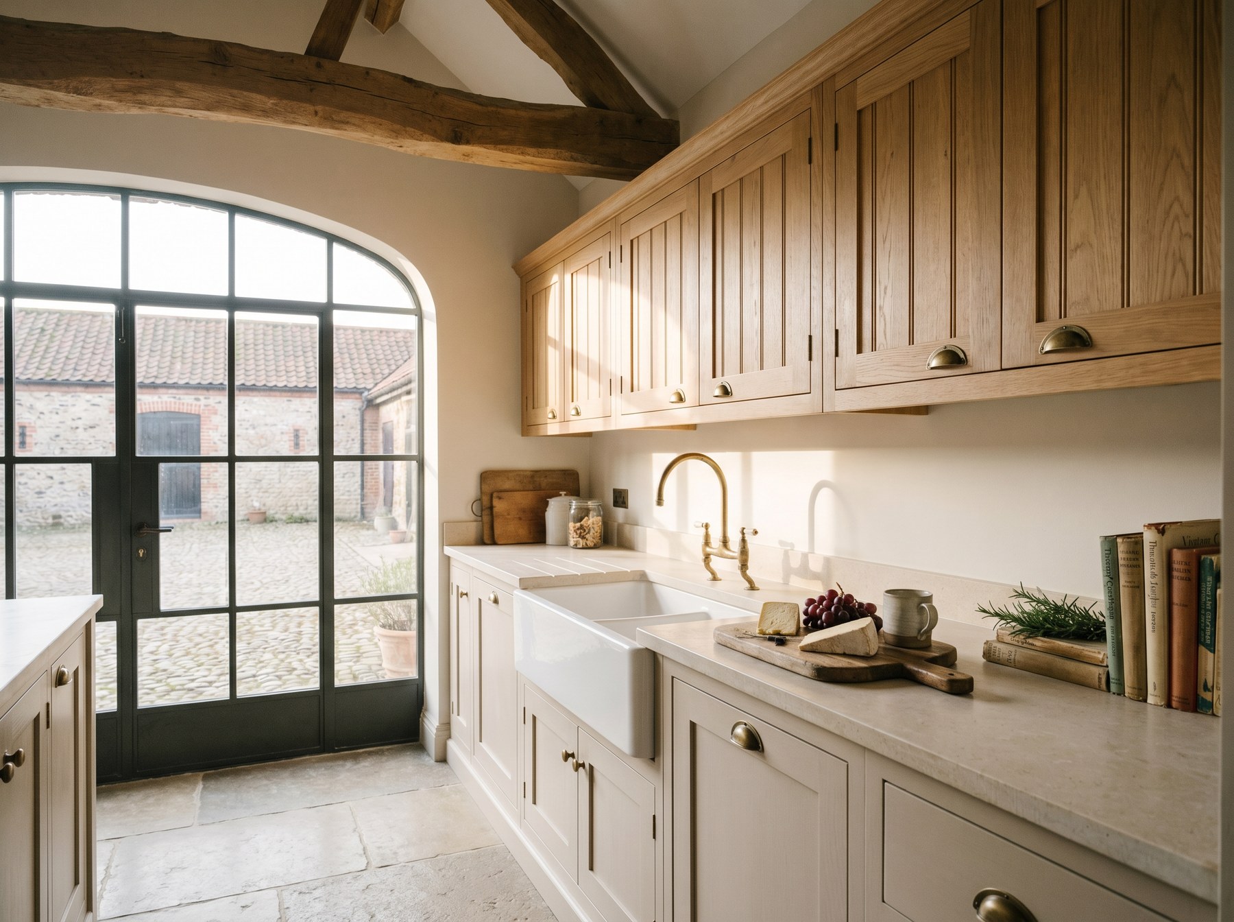 Reeve & Co Farmhouse kitchen in natural solid oak Shaker with V-groove panels, set in a Norfolk barn conversion with arched Crittall window