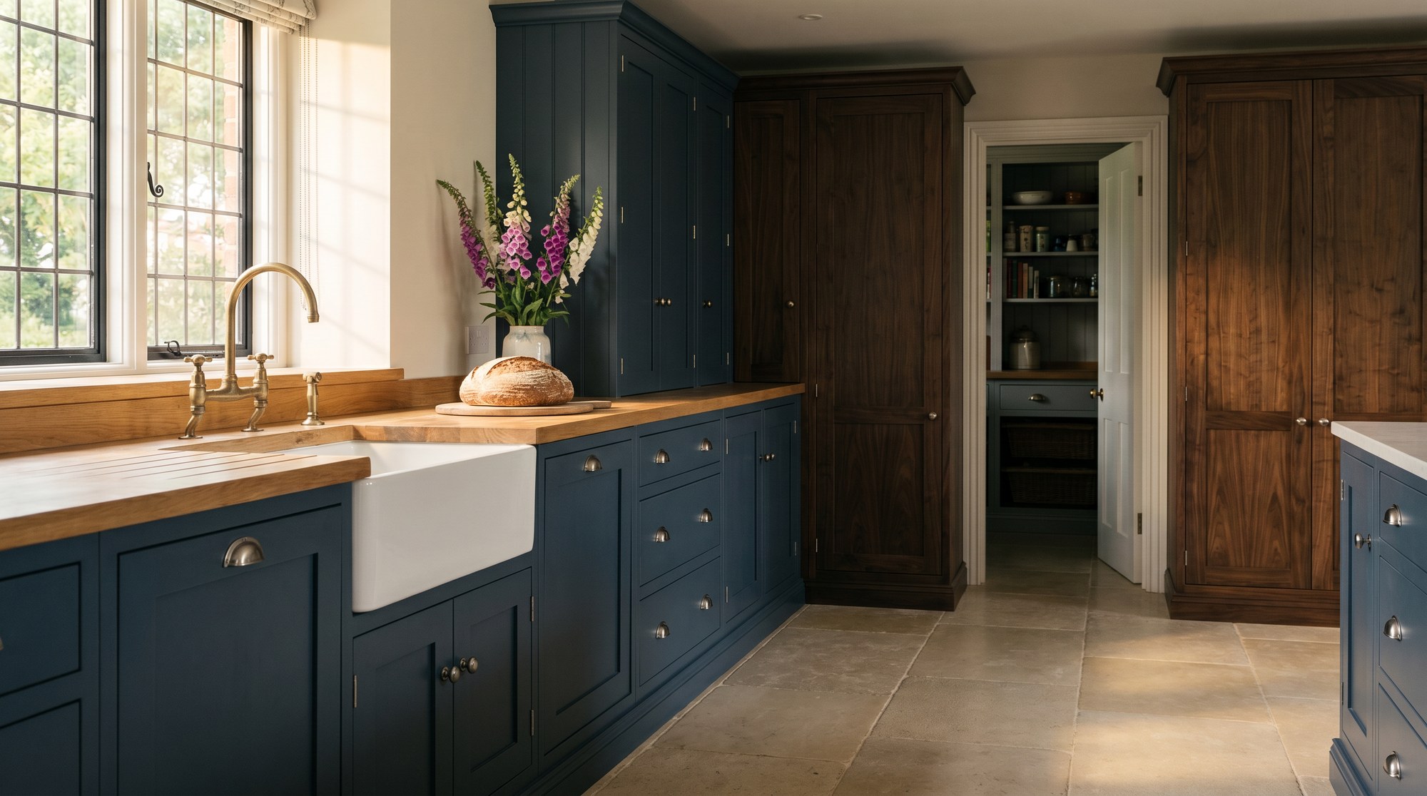 Reeve & Co Norfolk kitchen hero — Stiffkey blue in-frame Shaker, oak worktop, walnut larder, Belfast sink