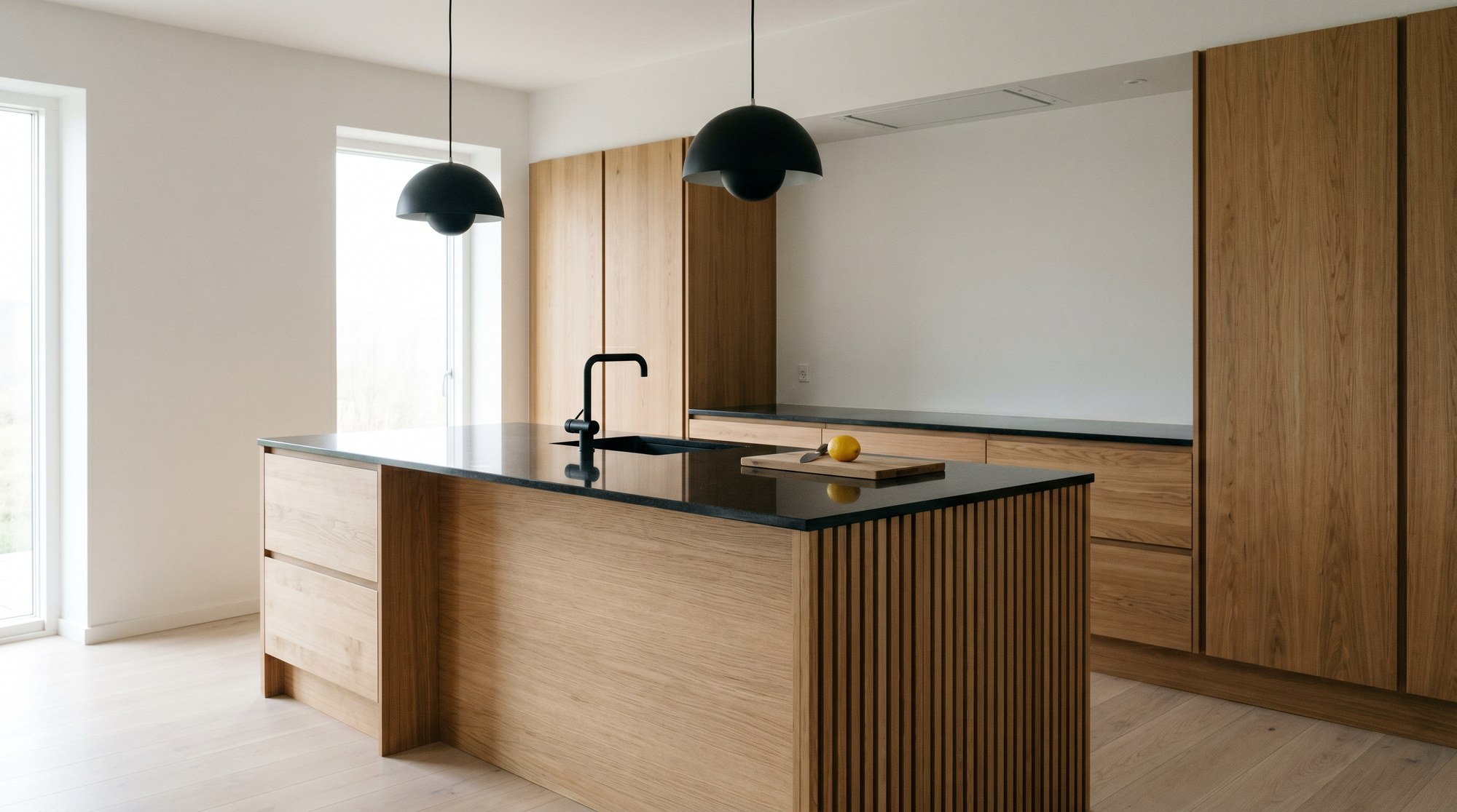 Reeve & Co Scandi kitchen hero — finger-jointed oak handle-less cabinetry, slatted island detail, black granite worktop