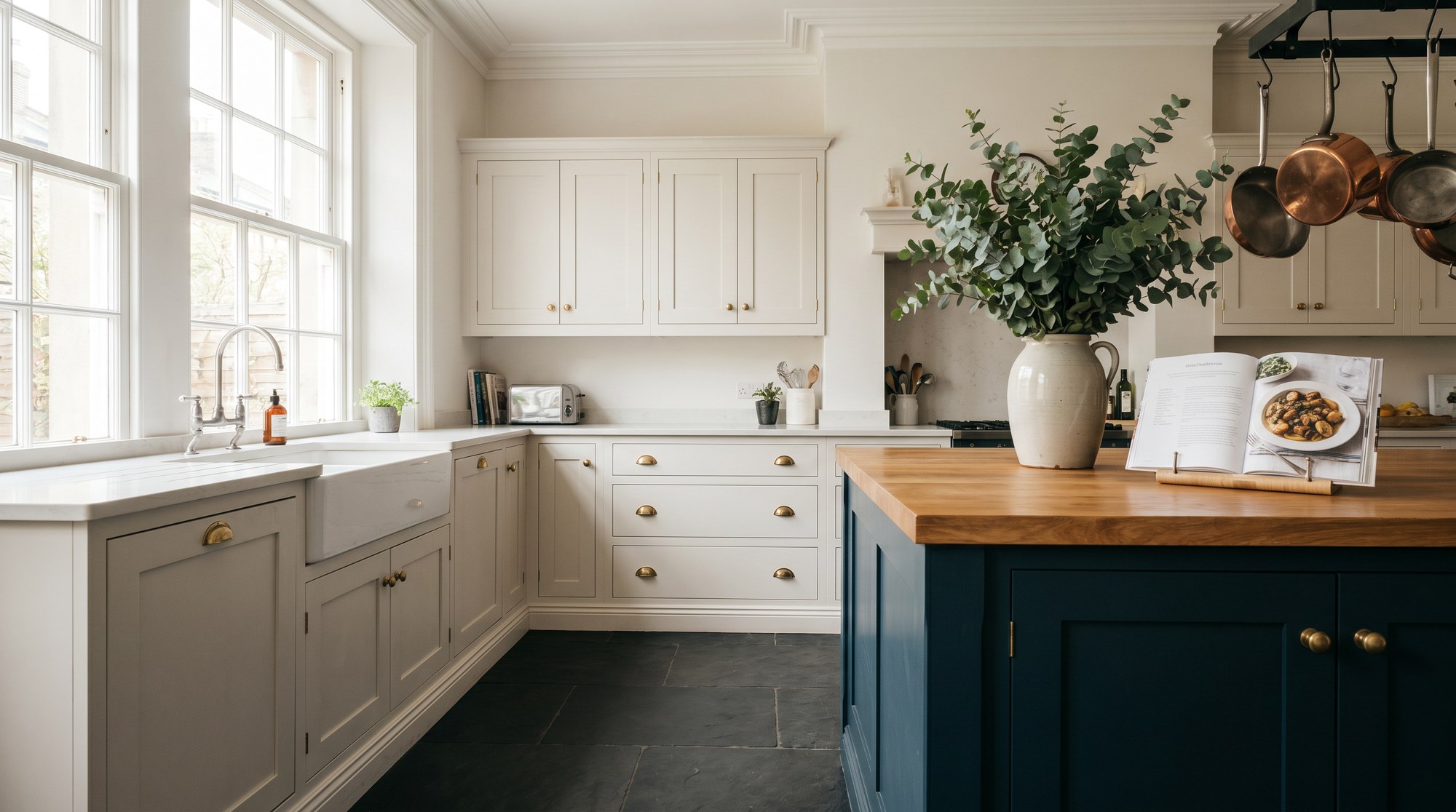 Reeve & Co Shaker kitchen hero — warm white perimeter with deep navy island, oak butcher-block worktop, Belfast sink