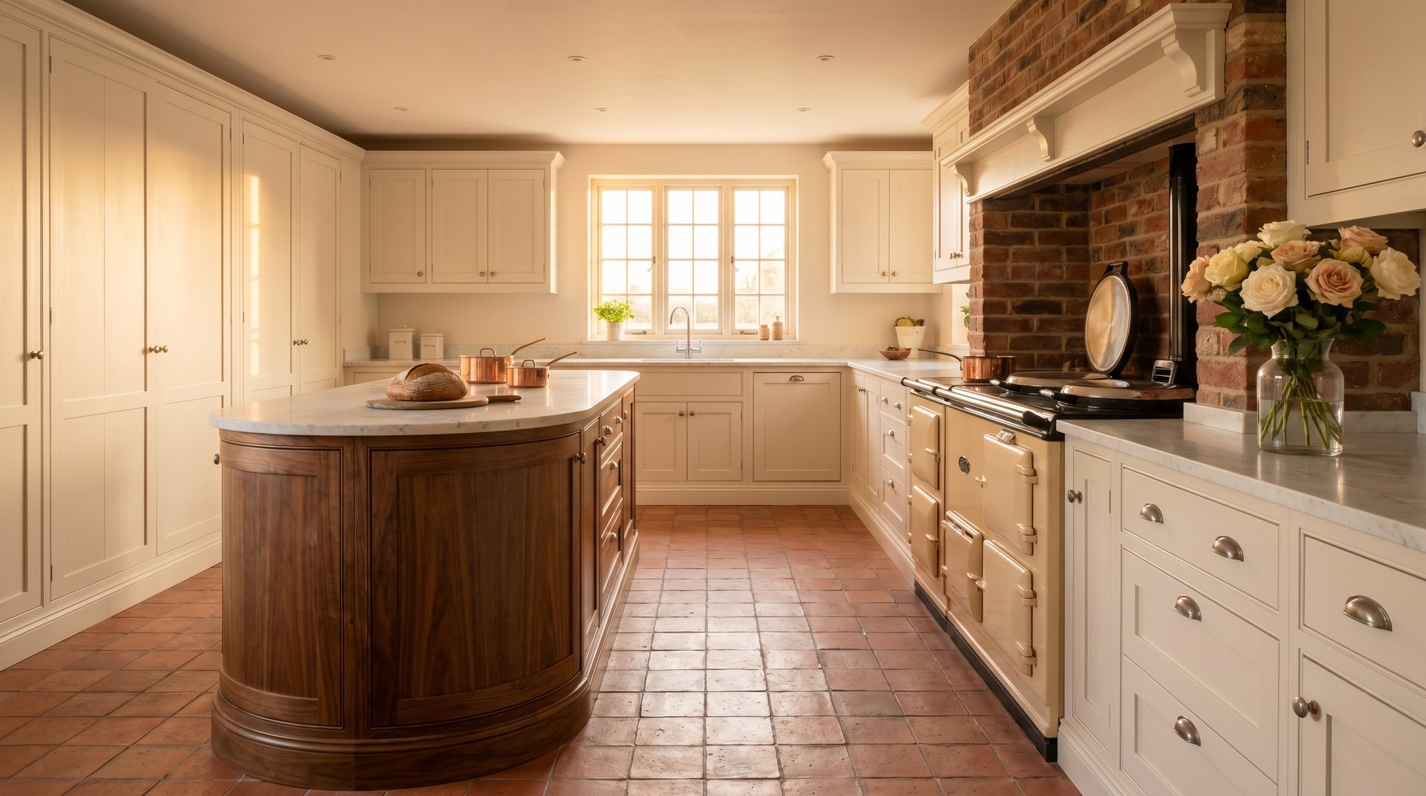 Reeve & Co Suffolk kitchen hero — off-white in-frame Shaker with curved walnut island, Carrara marble worktop, AGA range cooker