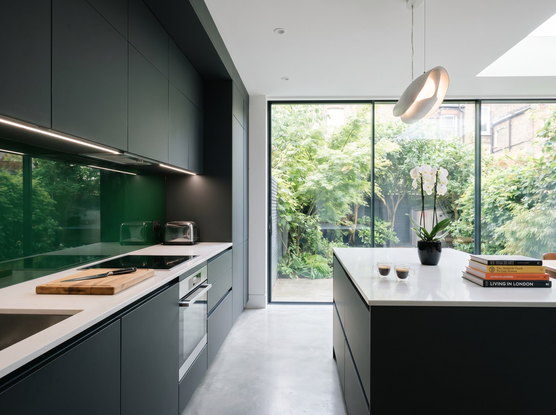 Reeve & Co Kensington kitchen with deep anthracite charcoal handle-less slab cabinetry, green glass splashback and polished concrete floor