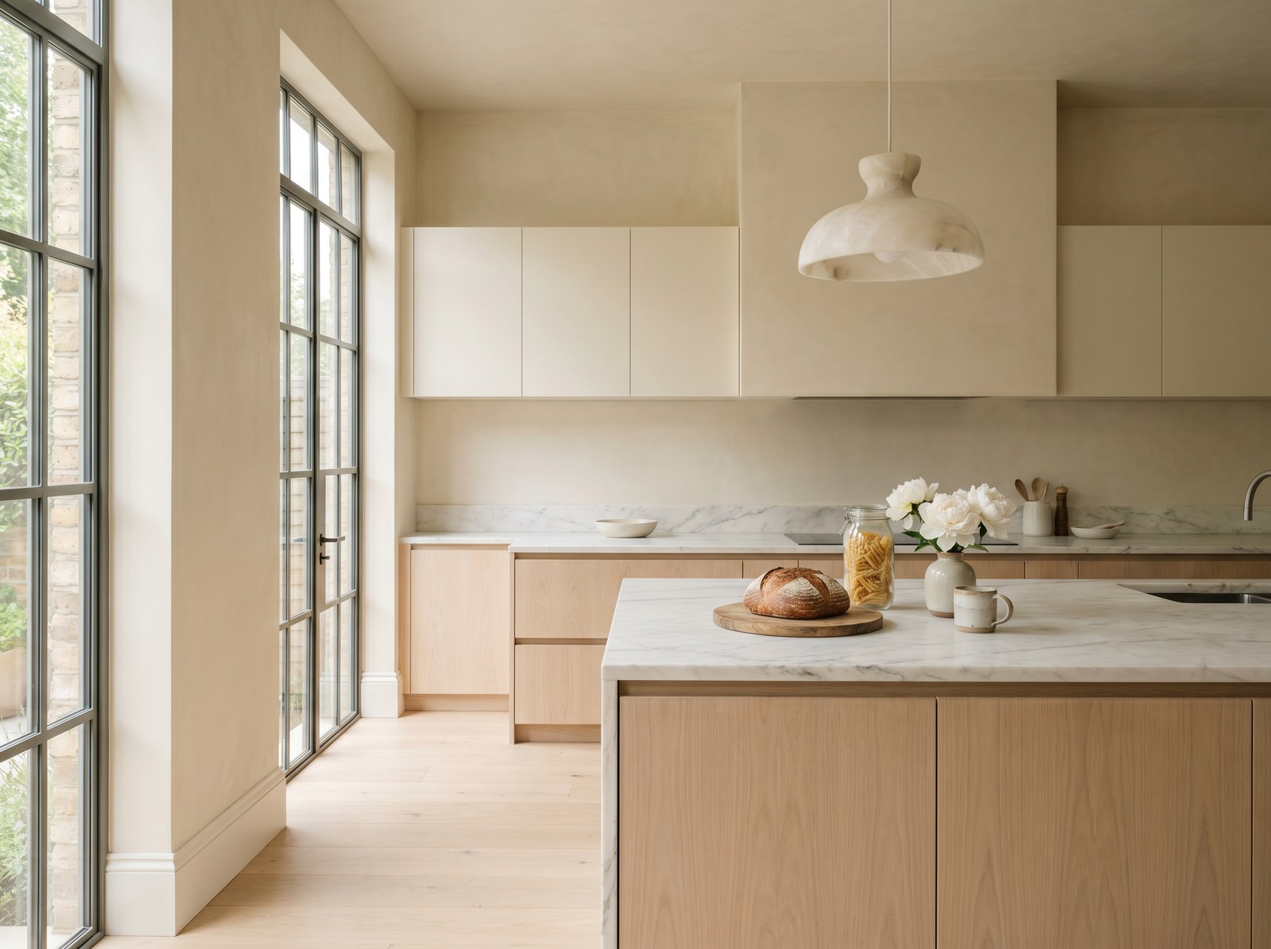 Quietly luxurious Reeve & Co Kensington kitchen in pale sycamore veneer with cream lacquered wall units, Calacatta marble worktop and crittall windows