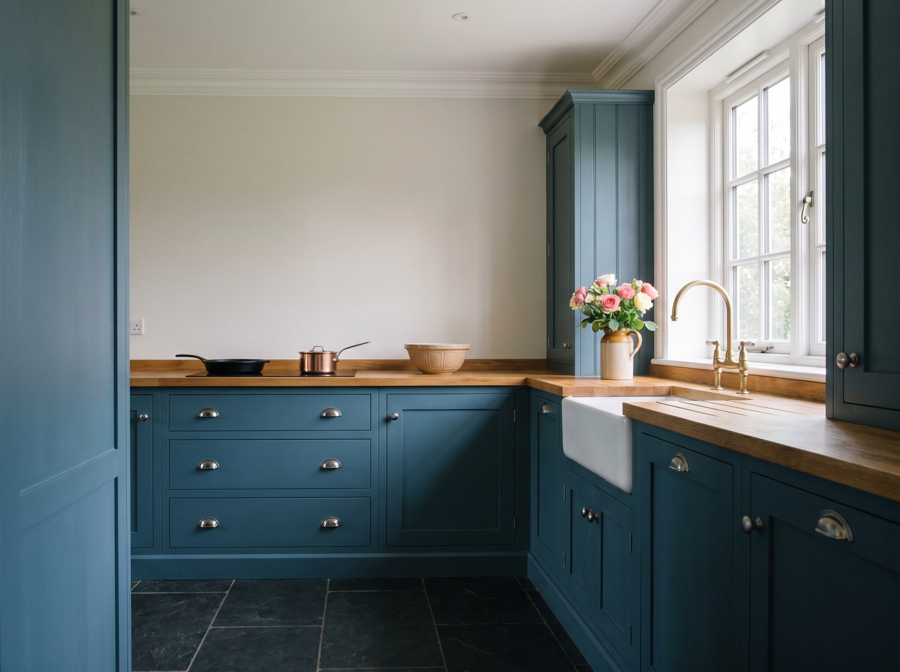 Reeve & Co Norfolk kitchen in deep slate Stiffkey blue in-frame Shaker with solid oak worktop, white Belfast sink and brass tap