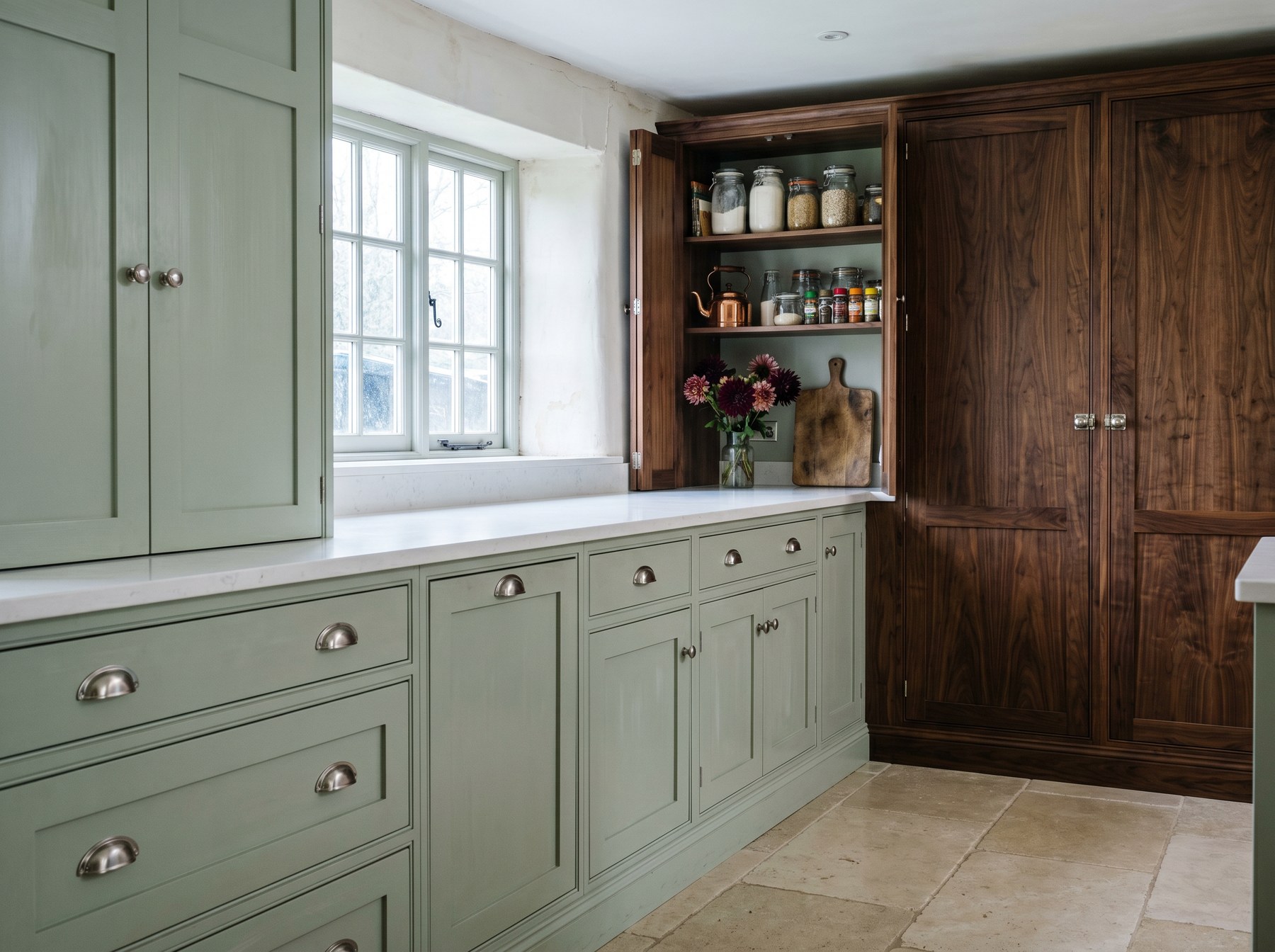 Reeve & Co Norfolk kitchen in soft sage green in-frame Shaker with walnut tall larder cabinets and white quartz worktop