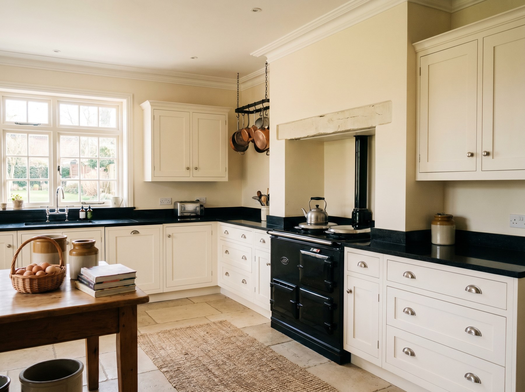 Reeve & Co Norfolk kitchen in warm white in-frame Shaker with black AGA range cooker in a chimney-breast recess and polished black granite worktop