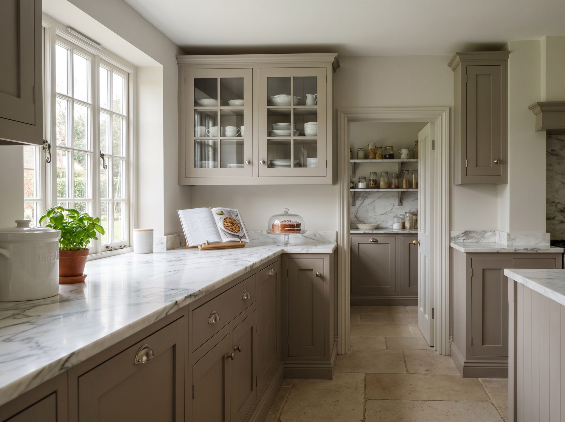 Reeve & Co Norfolk kitchen in mushroom French grey in-frame Shaker with white Calacatta marble worktop and walk-in larder