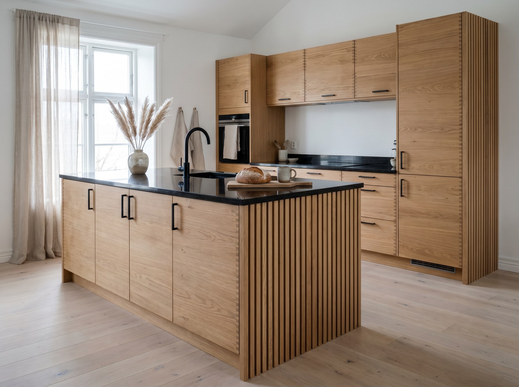 Reeve & Co Scandi kitchen in natural oiled solid oak with finger-jointed slab fronts, slatted vertical oak island end and matt black hardware