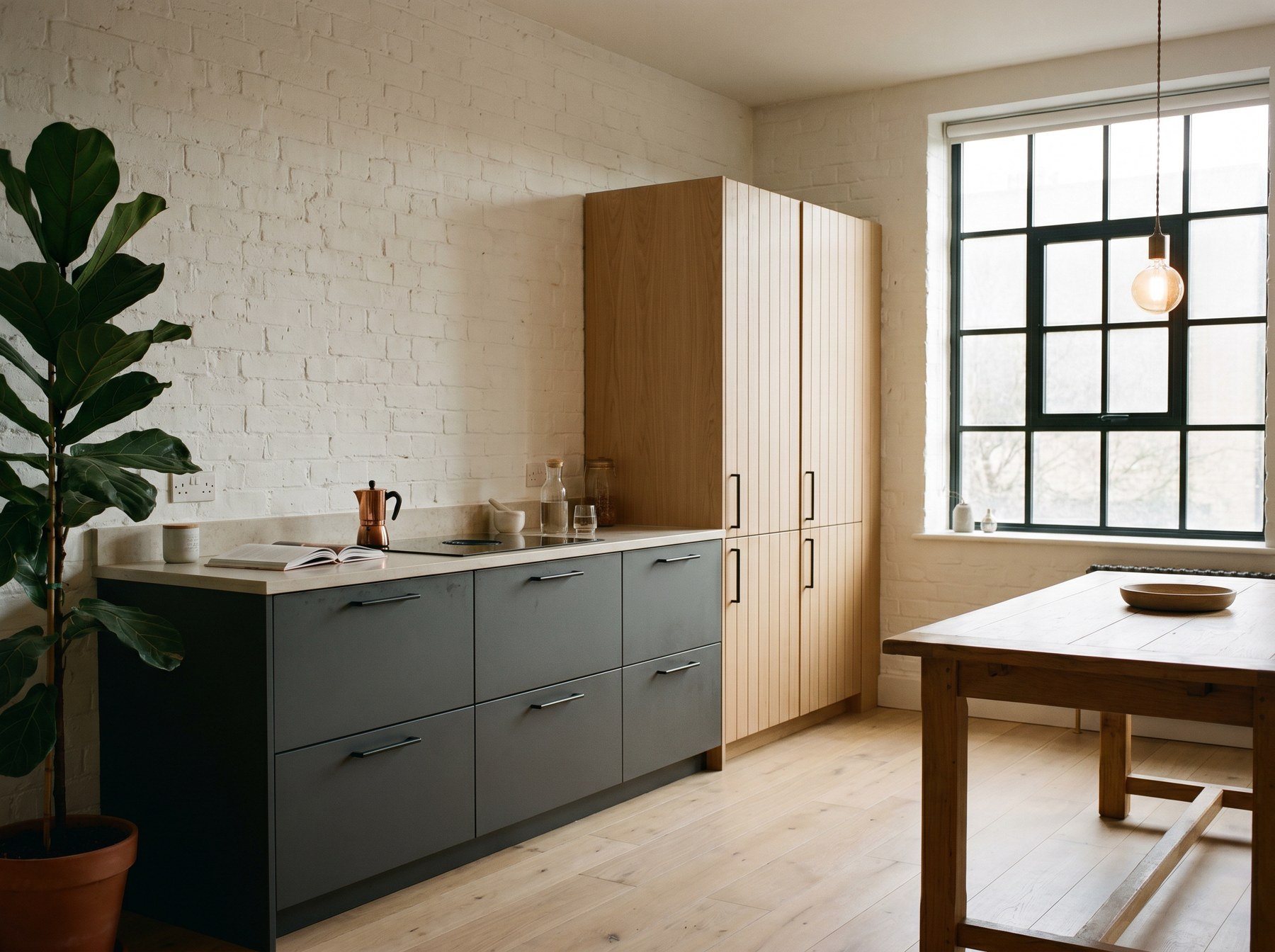 Reeve & Co Scandi kitchen mixing matt charcoal painted base units with full-height oak veneer slatted larder cabinets in a loft-style room