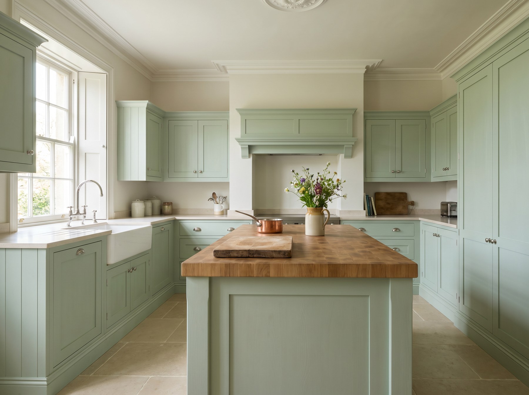 Reeve & Co handmade Shaker kitchen in pale celadon green with thick solid oak butcher-block island worktop and white Belfast sink in a period property