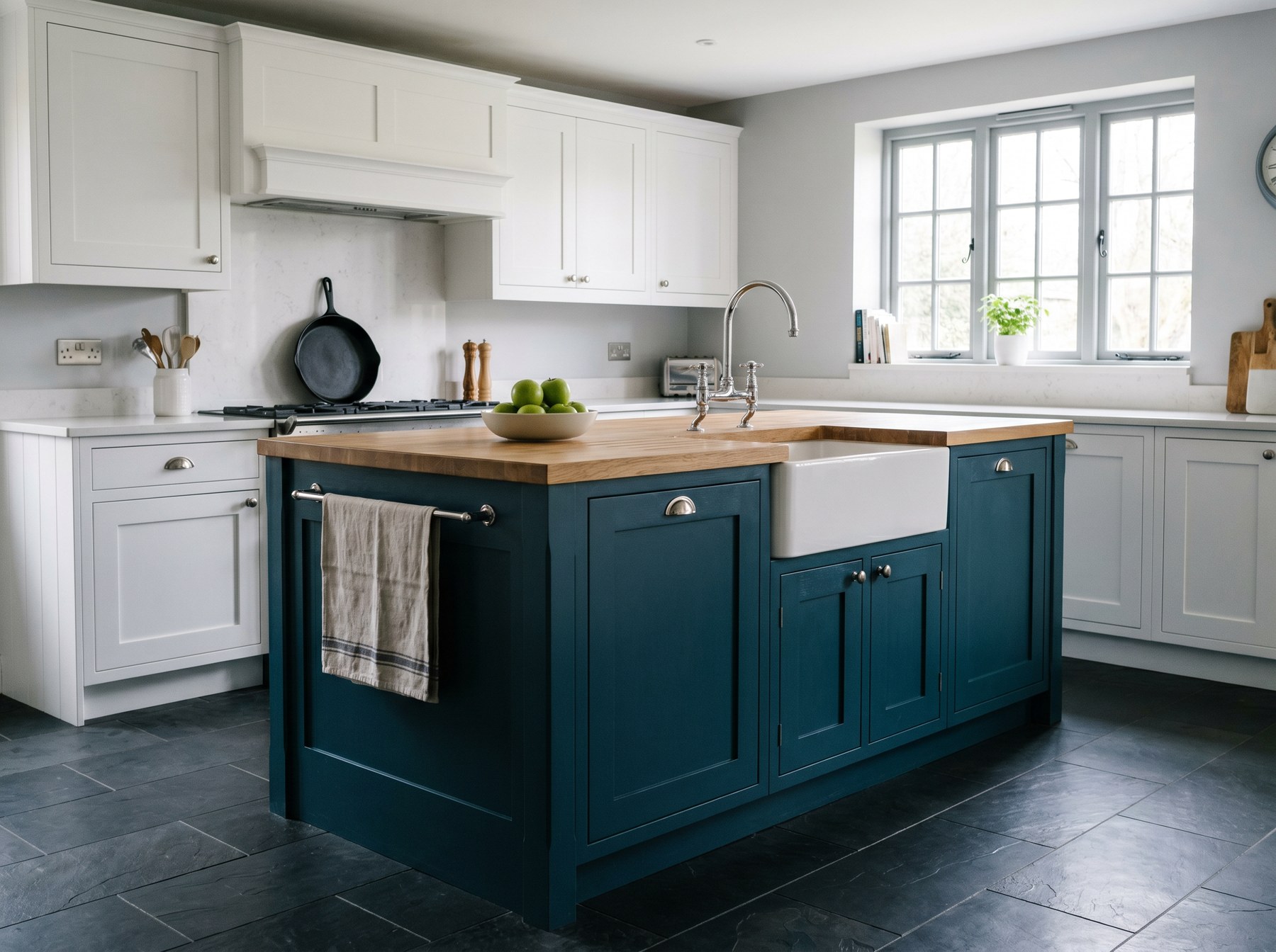 Reeve & Co Shaker kitchen featuring a navy petrol-blue island with solid oak butcher-block worktop, white Belfast sink and crisp white perimeter cabinets