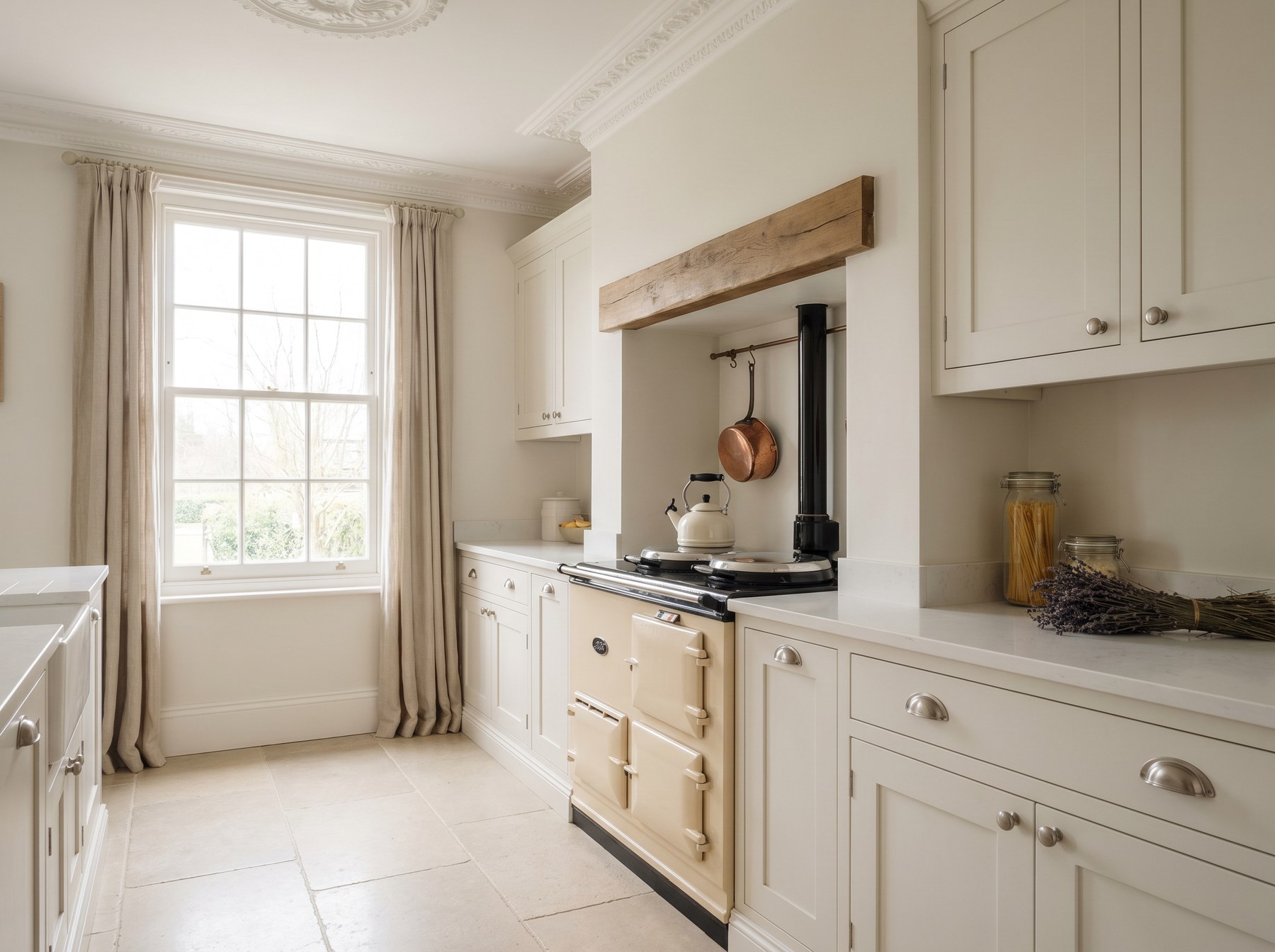 Reeve & Co Shaker kitchen in warm white painted finish with cream AGA range cooker set into a hand-painted chimney-breast recess