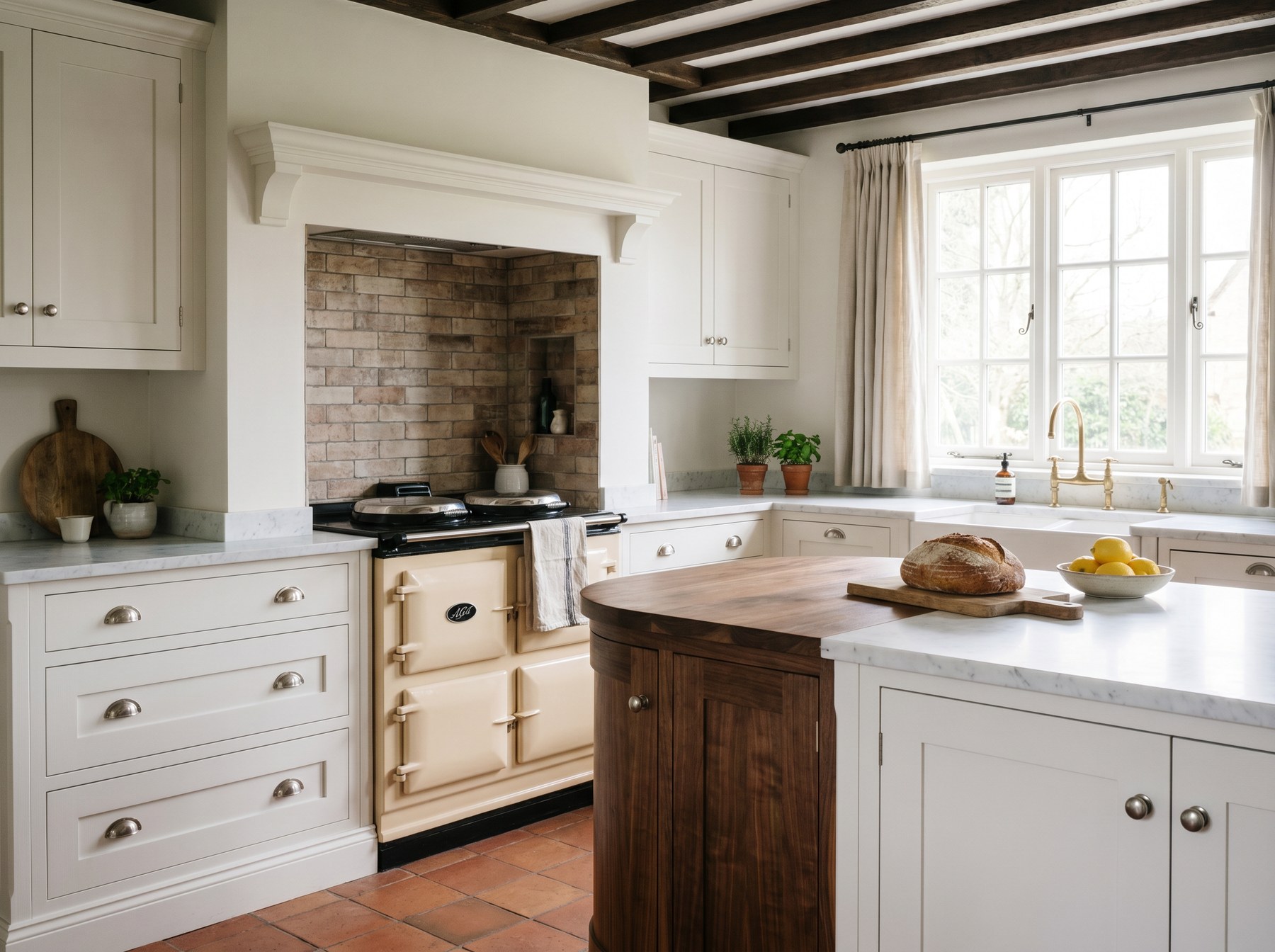 Bespoke Reeve & Co Suffolk kitchen in off-white painted in-frame Shaker with curved walnut chopping-board island end, marble worktop and AGA range cooker