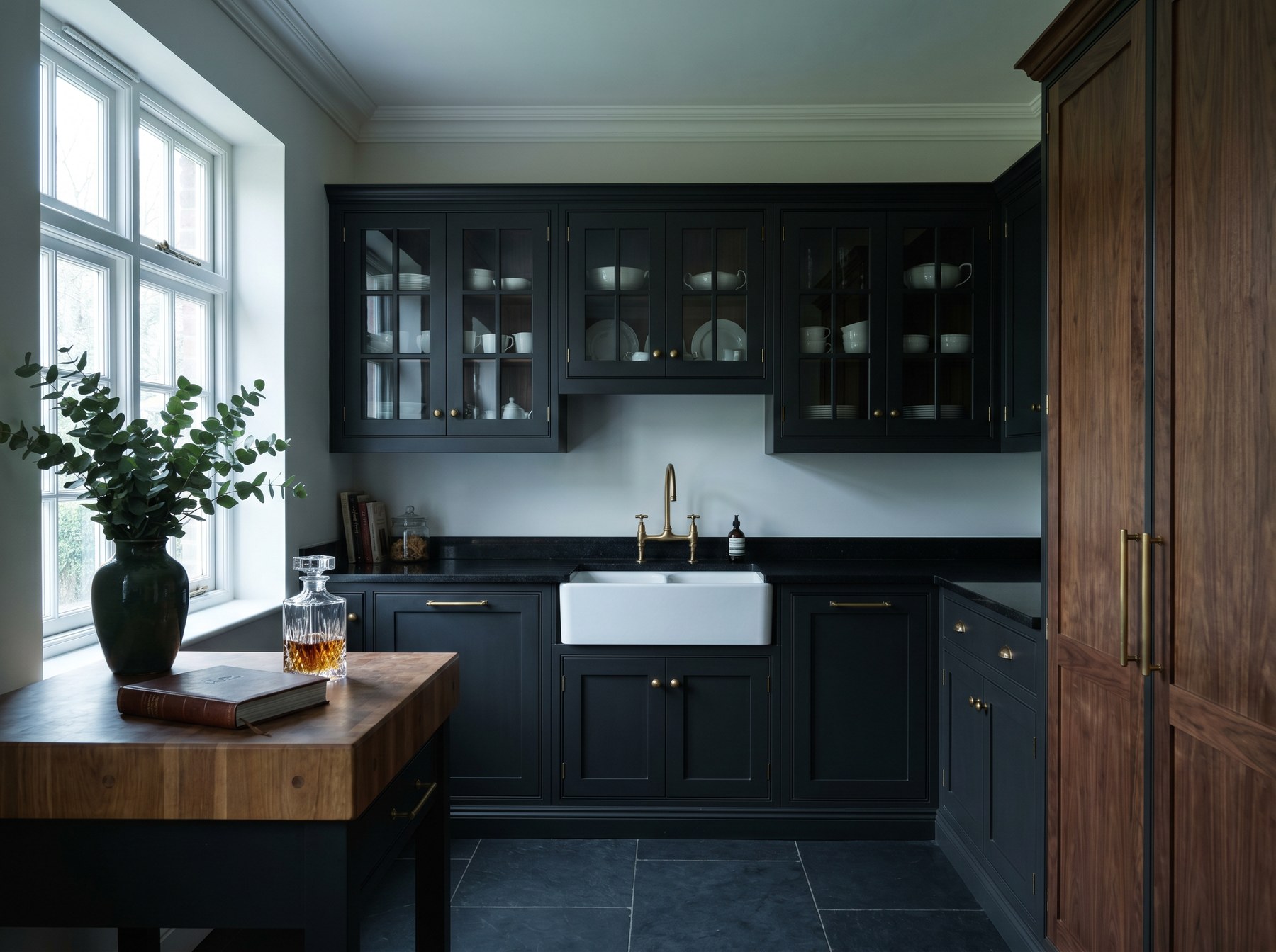Reeve & Co Suffolk kitchen in charcoal off-black in-frame Shaker with aged brass bar handles, polished granite worktop and walnut larder run
