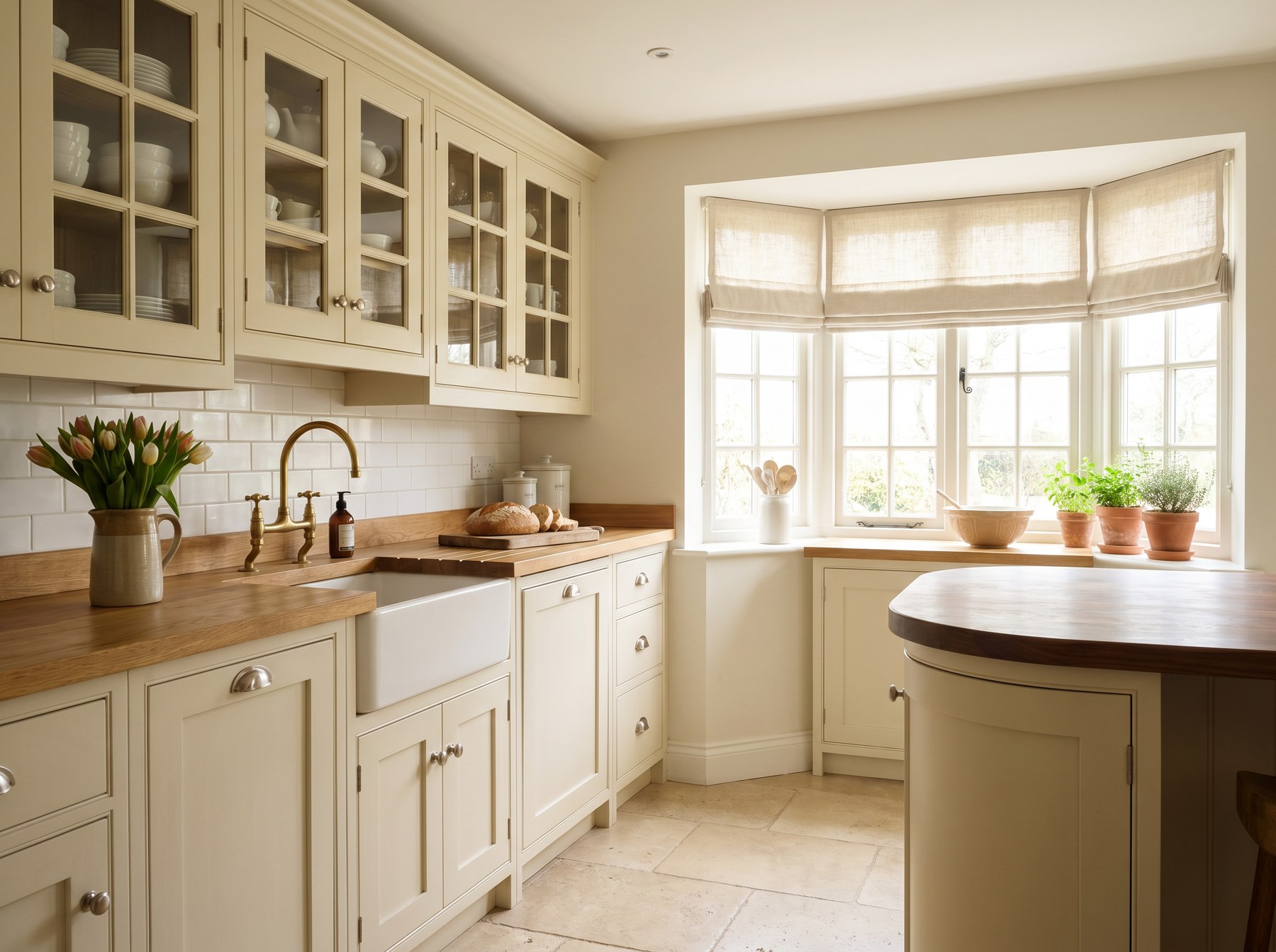 Bright Reeve & Co Suffolk kitchen in warm cream painted Shaker with solid oak butcher-block worktop, Belfast sink and glazed wall cupboards